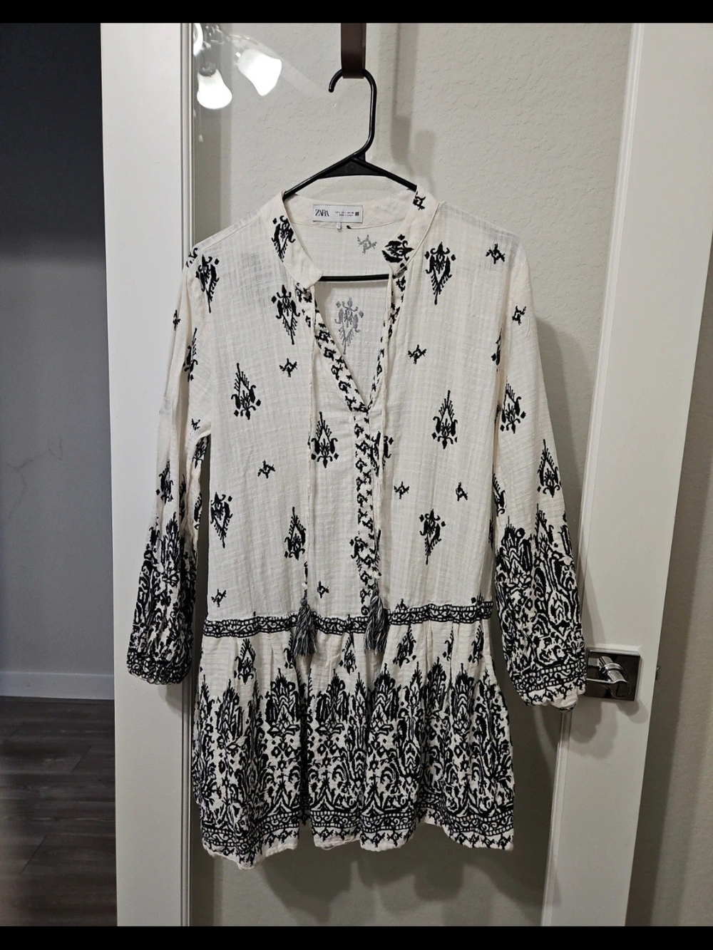 Zara Cream Boho Dress with Black Floral Detail